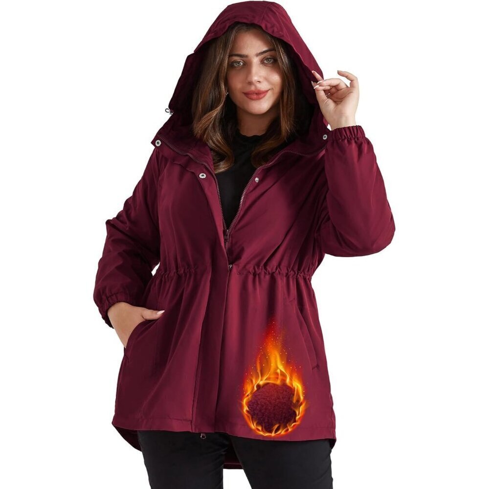 Women's Long Rain Jacket Plus Size Fleece Lined Waterproof Hooded Rain Coat Ligh